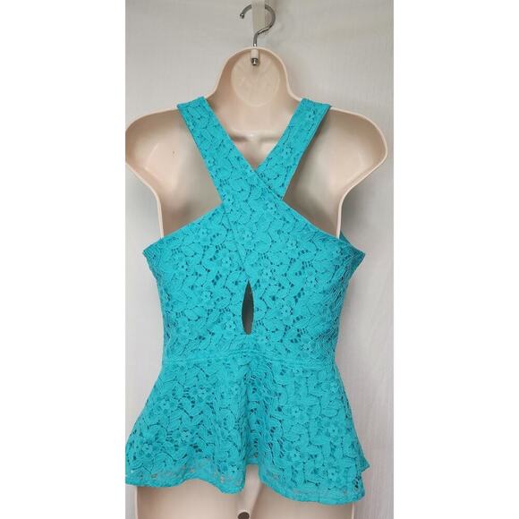 Nicole Miller V-Neck Peplum Lace Criss Cross Back Top Blouse Size Small - Picture 4 of 8